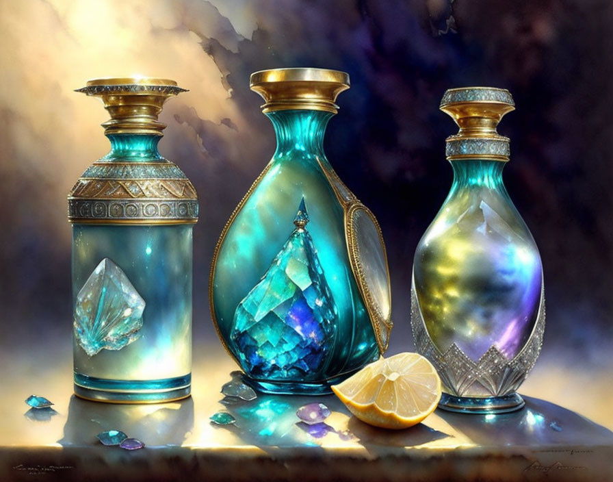 Three jewel-encrusted perfume bottles with lemon slice and gemstones on reflective surface