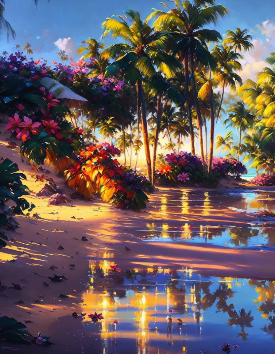 Scenic Tropical Beach Sunset with Palm Trees and Flowers