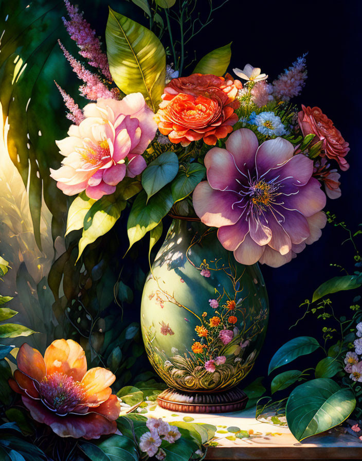 Assorted flowers in decorative vase with lush green foliage under dramatic lighting