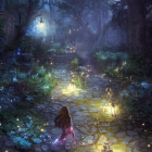 Ethereal artwork: Mirrored woman's faces in mystical forest with lanterns