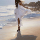 Woman in flowing white dress walks on serene beach with mountains in background