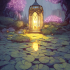 Enchanting garden at dusk with glowing doorway, vibrant flowers, stone path, and ornate fountain