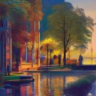 Colorful cityscape at sunset with person by water, trees, and spire.