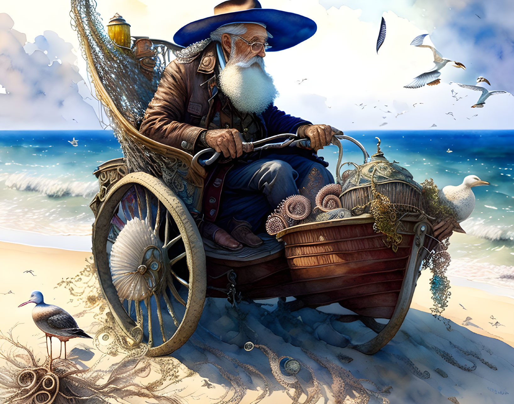 Old man driving an octopus with handle