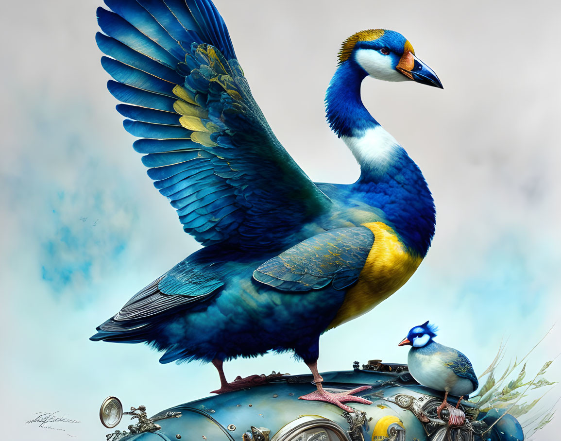 Stirlitz driving a blue-yellow goose animal