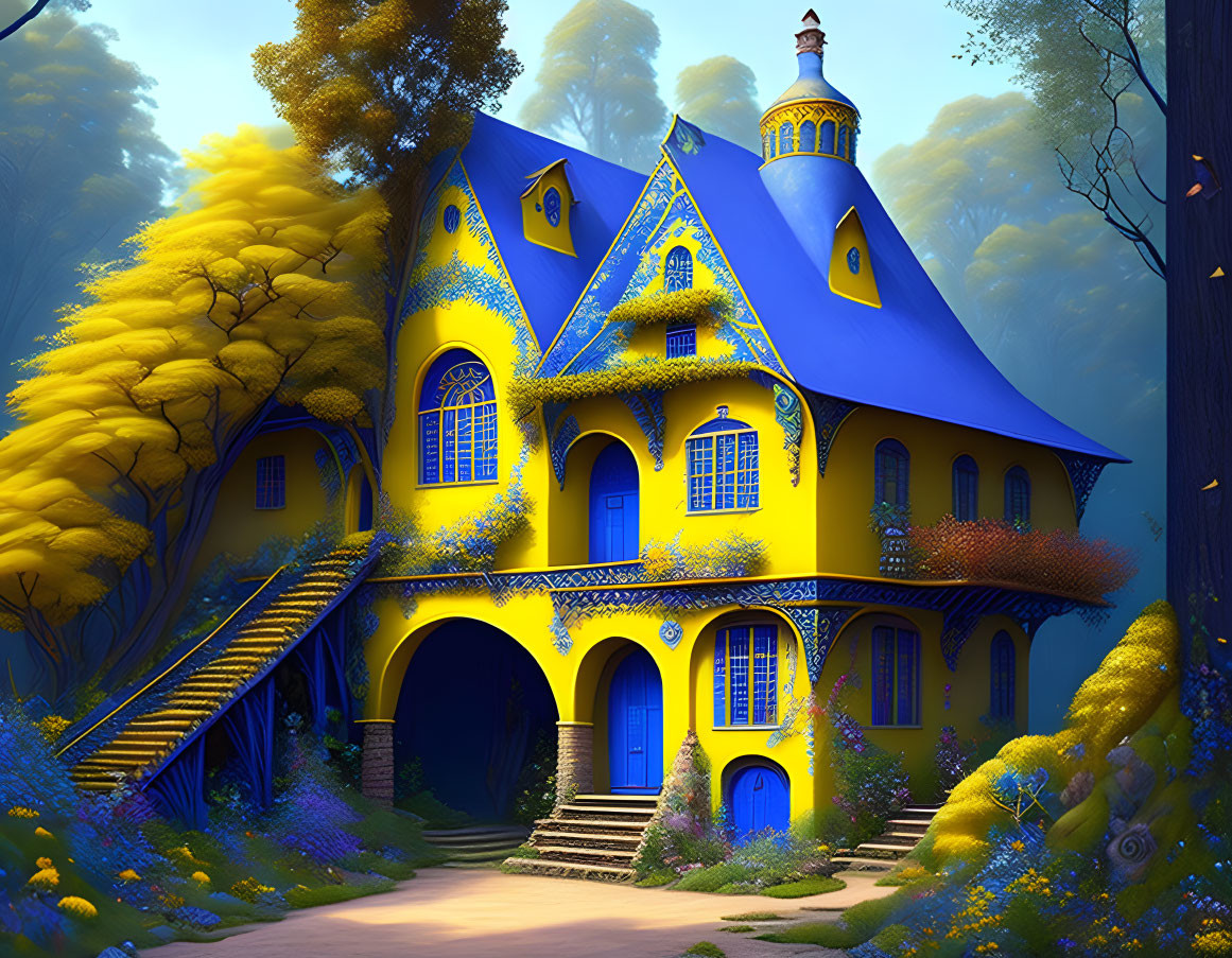 A beautiful blue yellow superadobe house