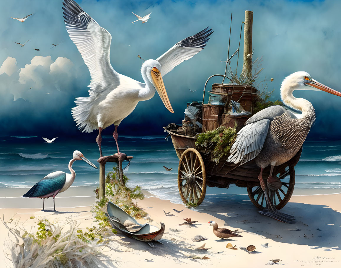 Old man driving a pelican and heron