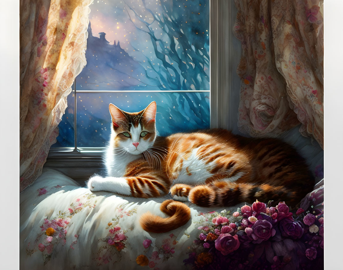 White and Orange Cat Resting by Window with Flowers and Starry Night Sky