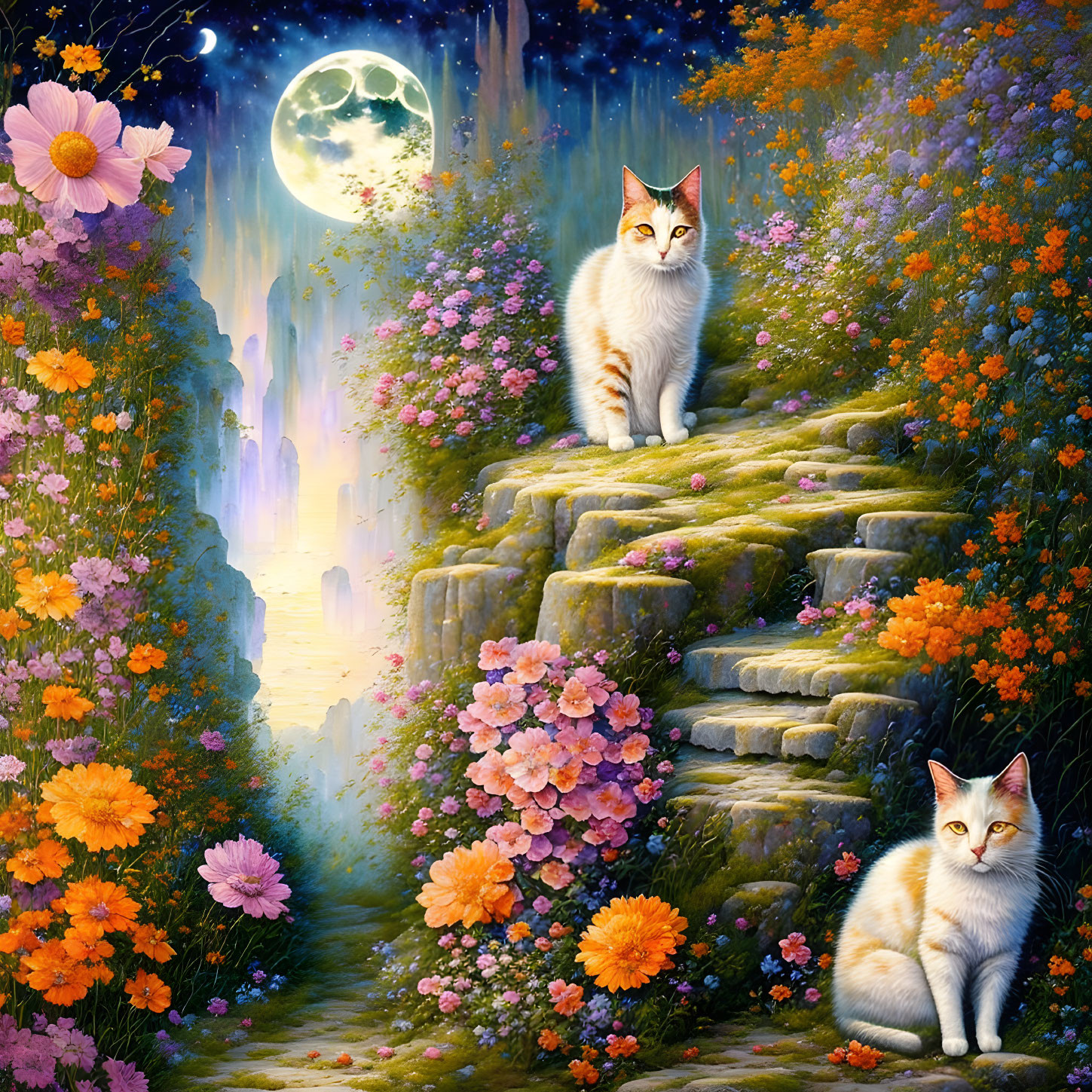 A patchwork landscape, cats, watercolor, + moonlig