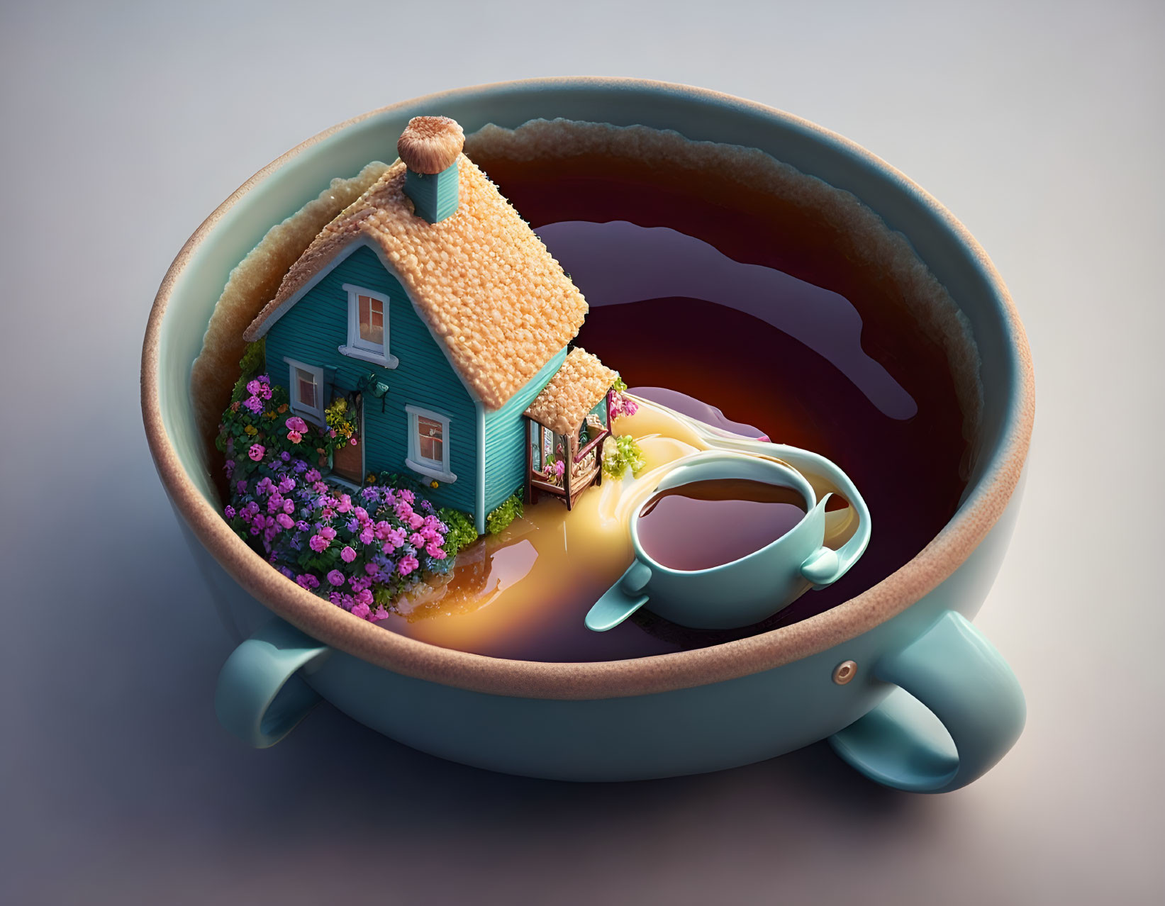 a little cottage floats in a large cup