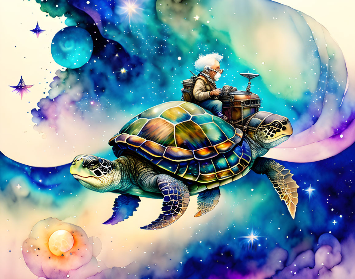   An old man driving turtle in space with