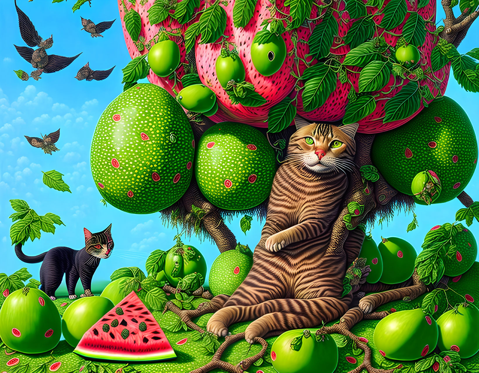 Surreal illustration of cats fused with fruits in a vibrant tree