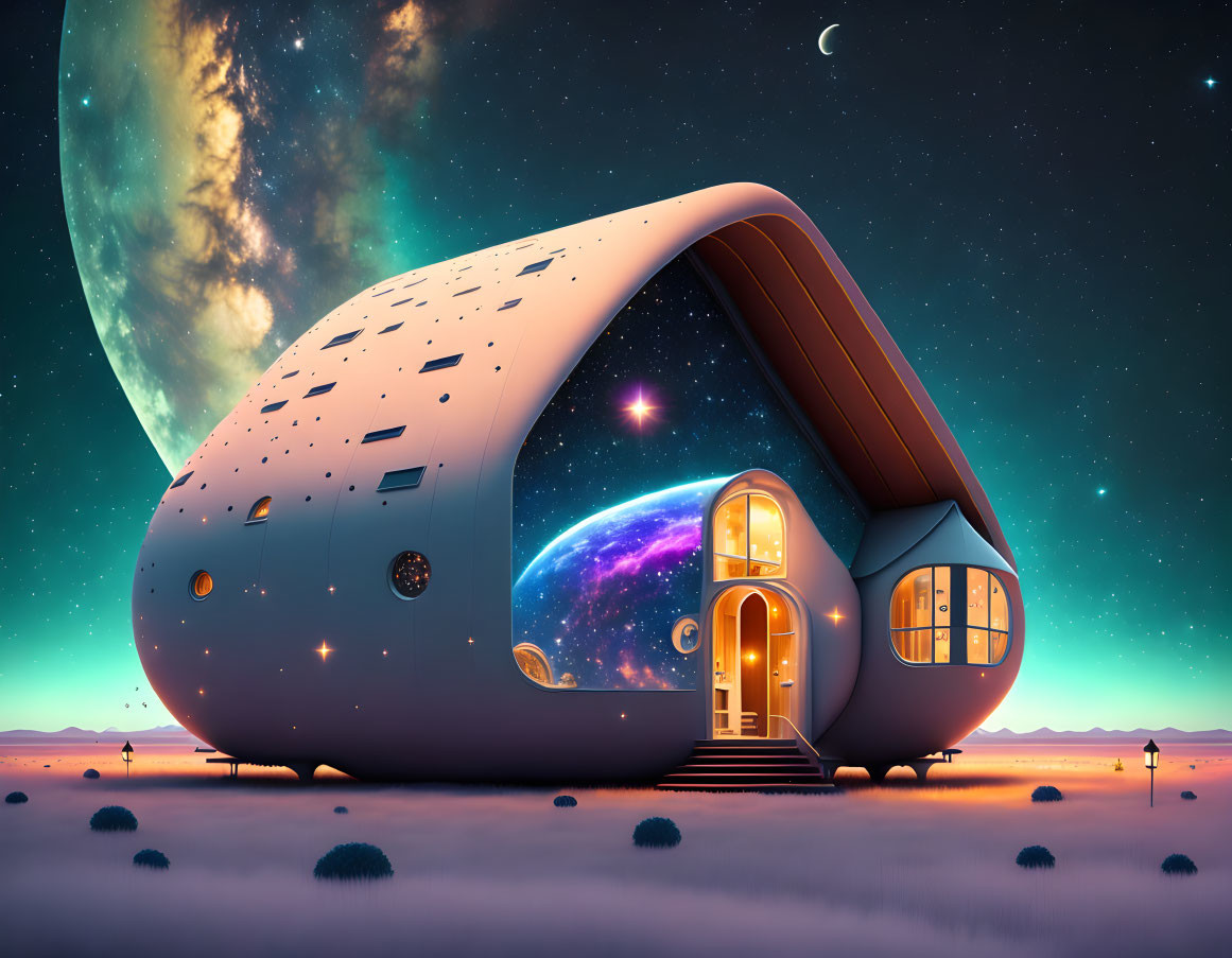 a little cottage floats in space between the stars