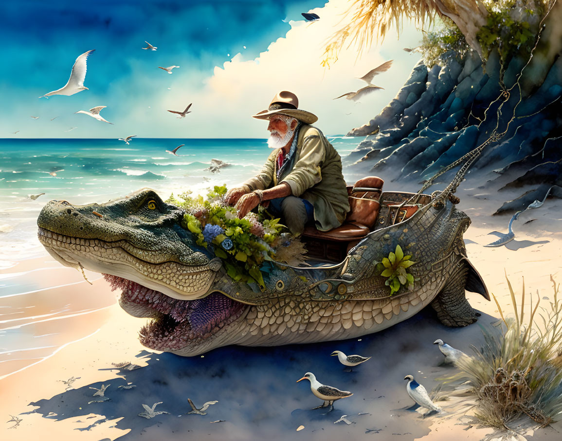 Old man driving a crocodile with handle