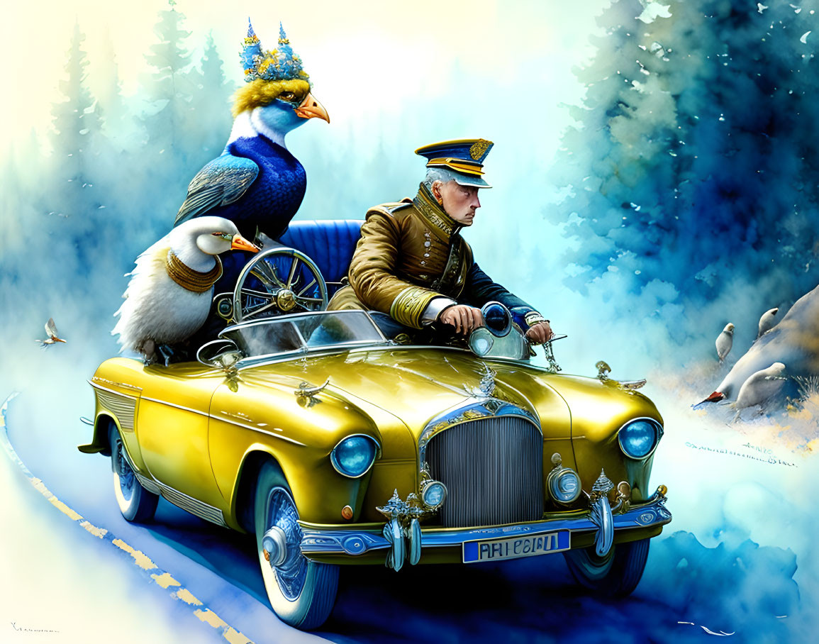 Vladimir Putin driving a blue-yellow goose,