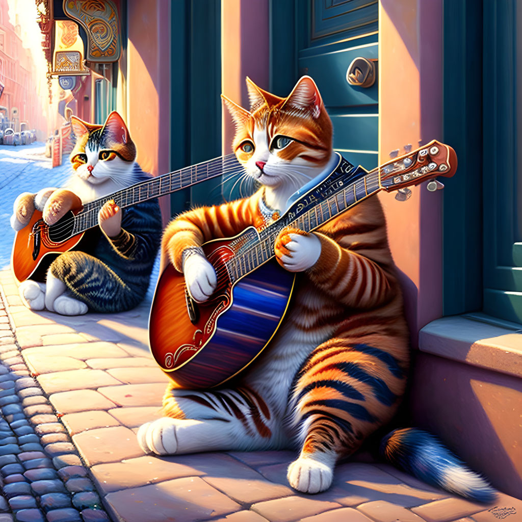 beautiful cats play the guitar and sing songs