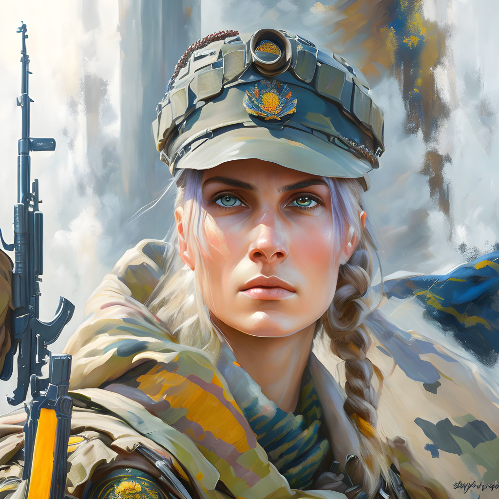 Female soldier digital illustration with blue eyes, camouflaged uniform, helmet, braided hair, and