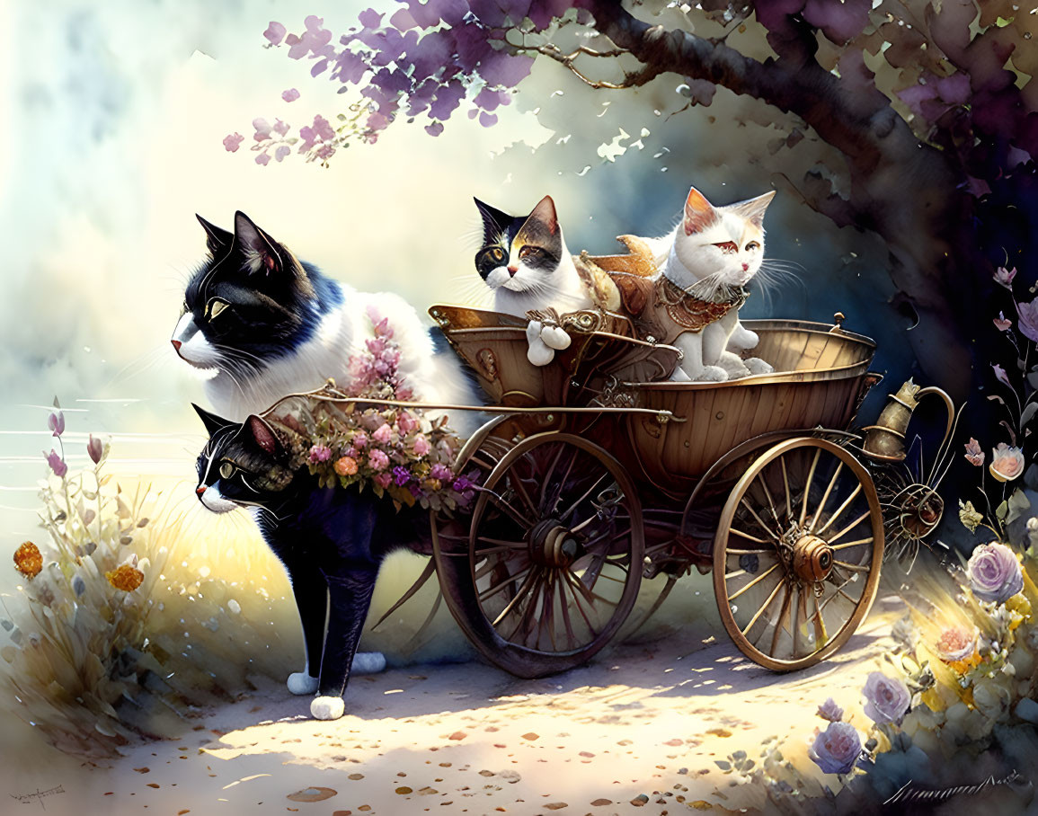 Three cats in a wooden cart surrounded by flowers, blooming trees in serene setting