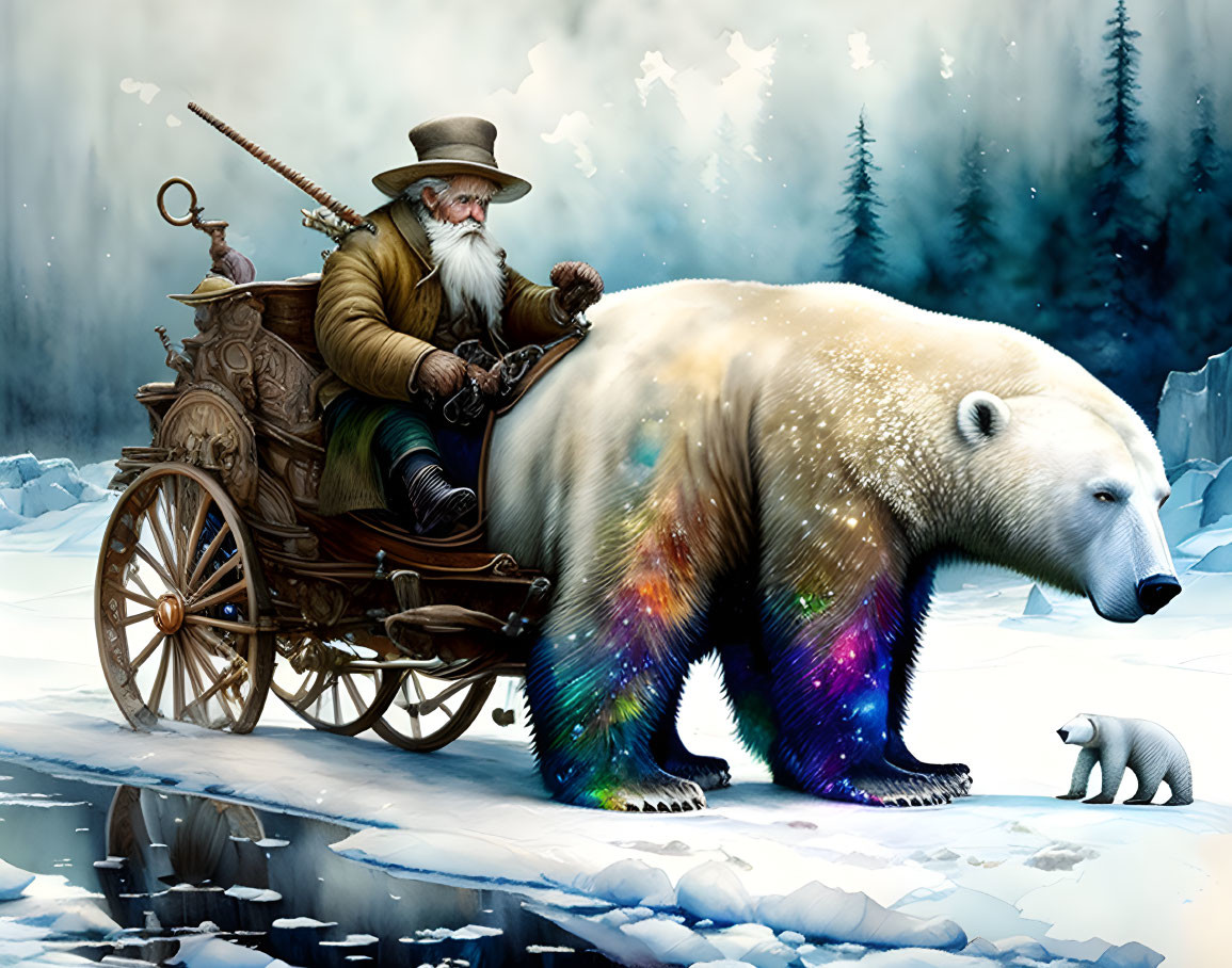 Old man and old woman driving polar bear with hand