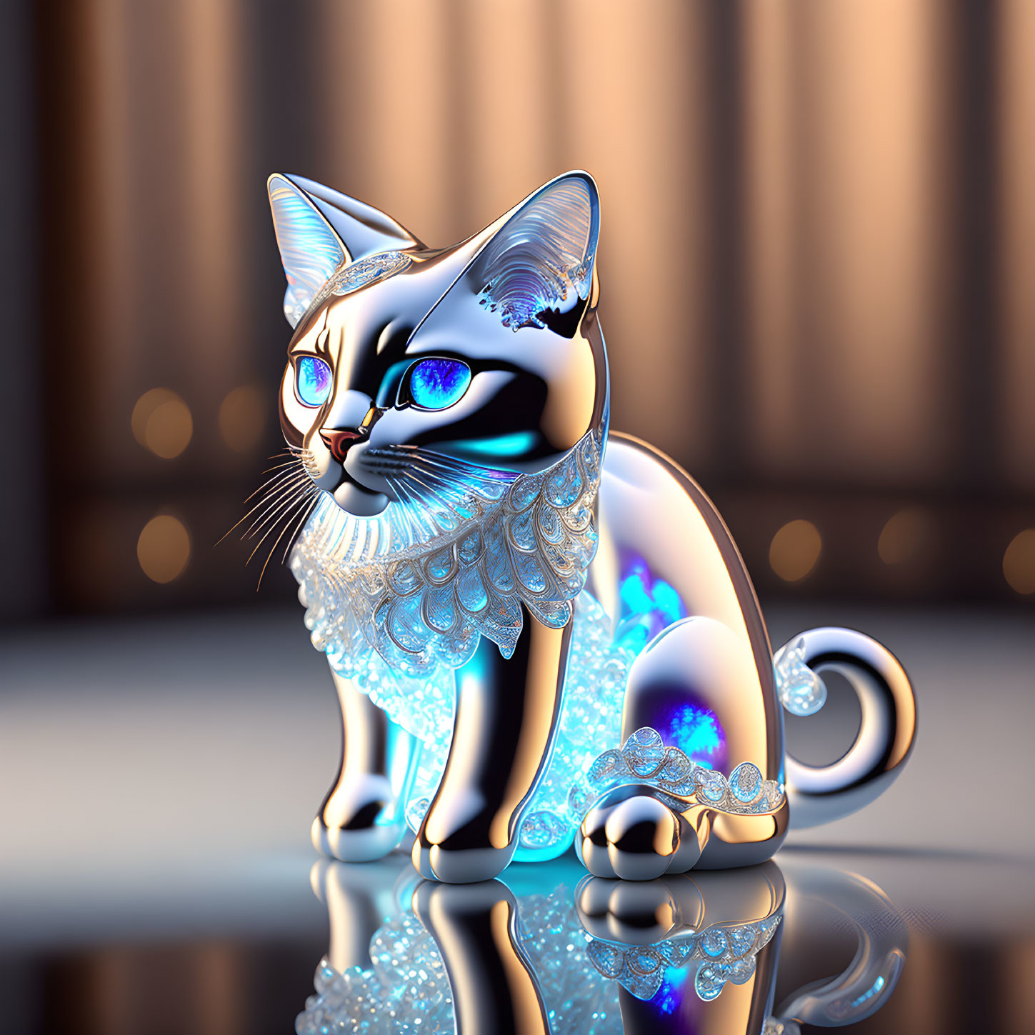 Metallic Cat Figurine with Lace-Like Patterns and Blue Eyes on Reflective Surface
