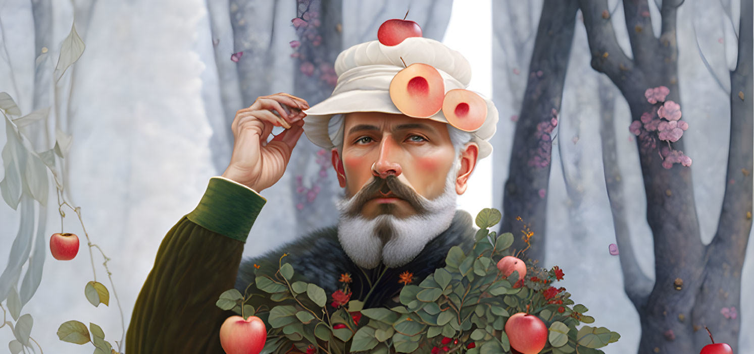 A man in a wreath of red apples and flowers. illus