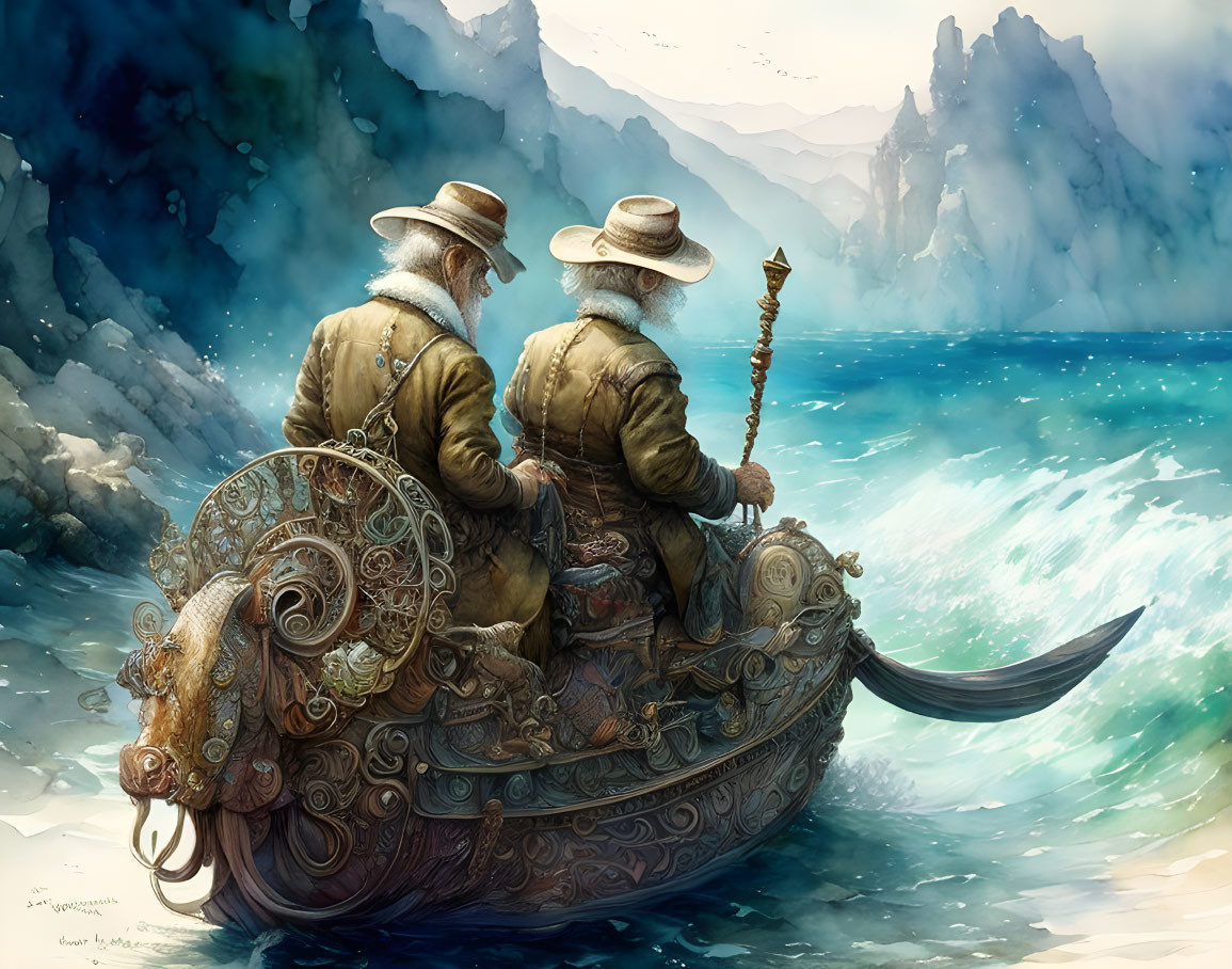 Old man and old woman driving a Sea Horse with
