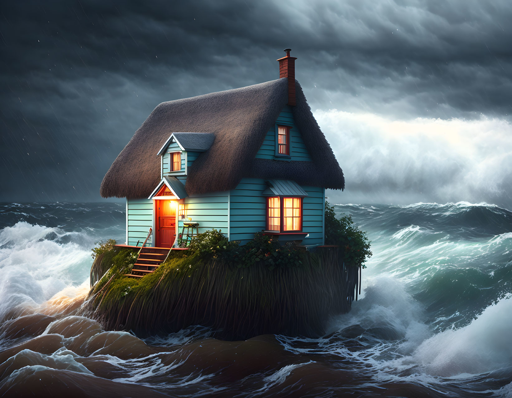   a little cottage floats in Storm sea