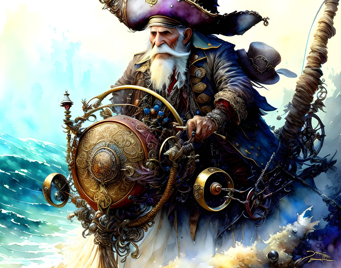 Old pirate driving a metal spider with handle