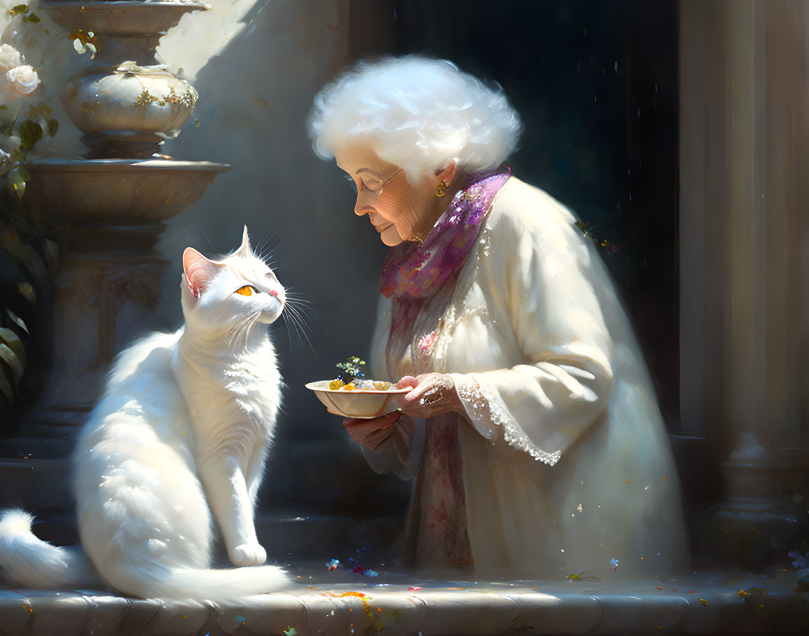 Old woman feeds a cute fantasy ghost white cat, we