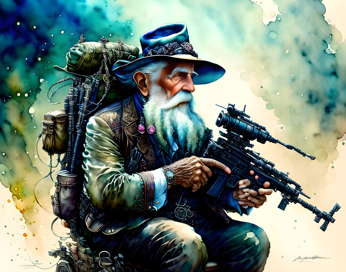 Old man with a machine gun