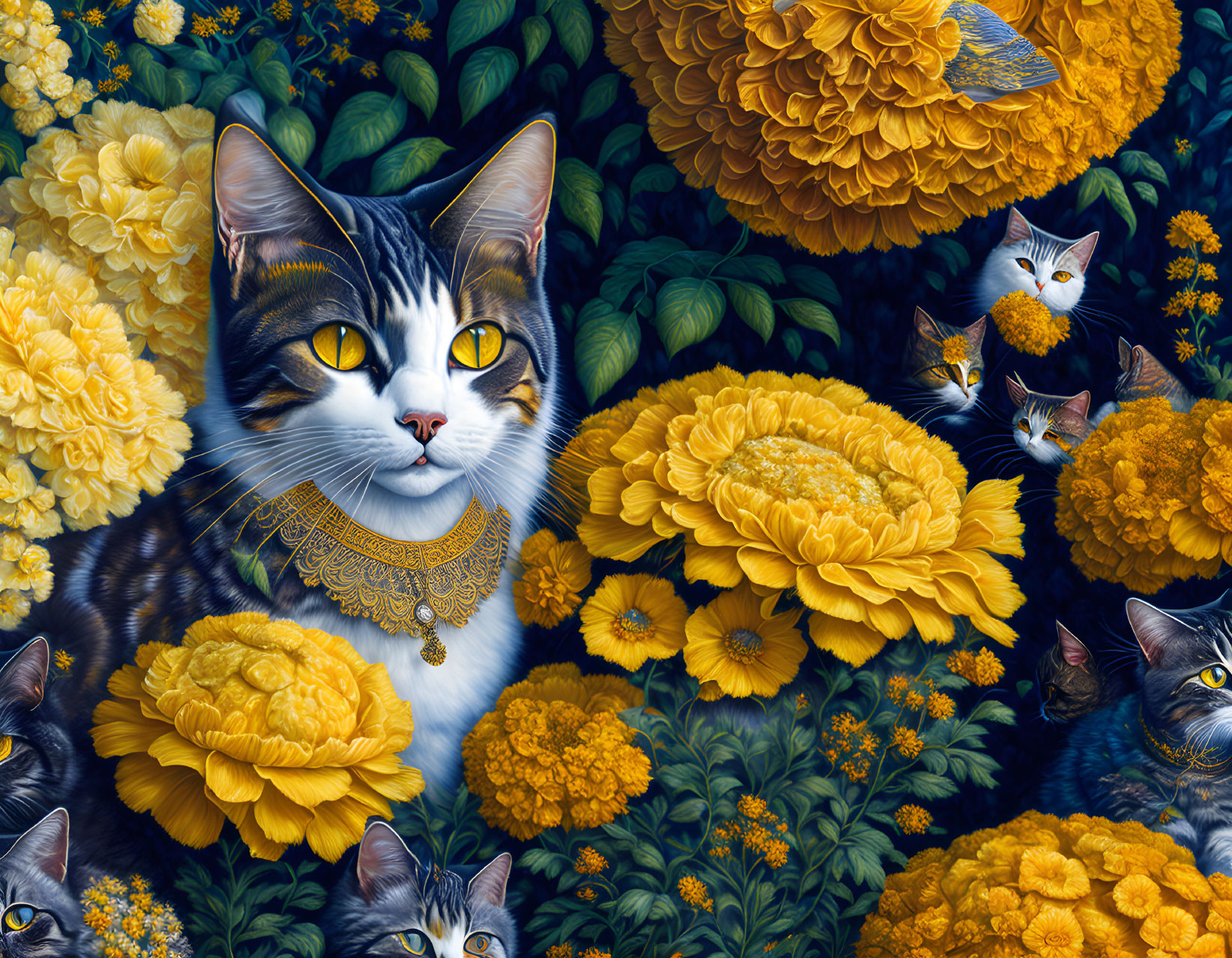 Detailed artwork of tuxedo cat with yellow eyes in floral setting.