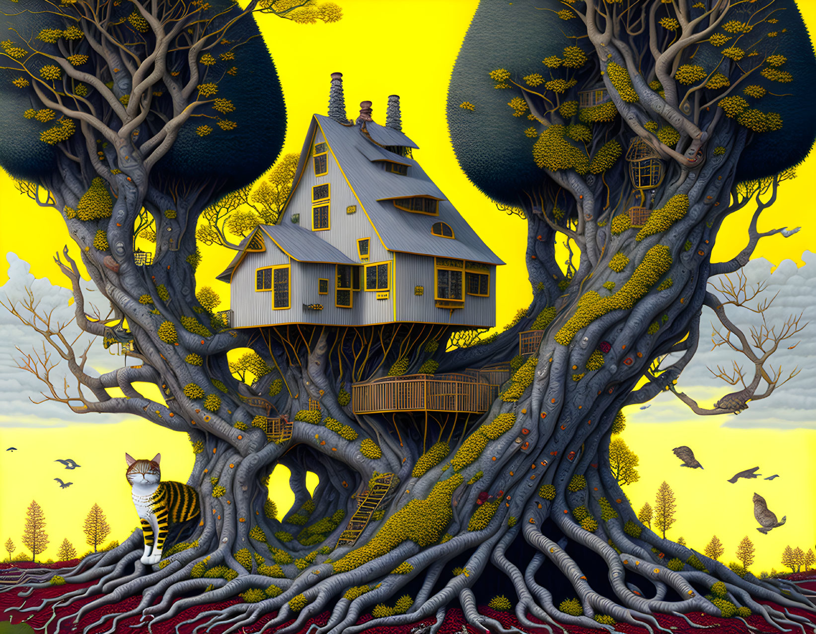 Yellow treehouse with intricate roots, striped cat, birds, and large trees