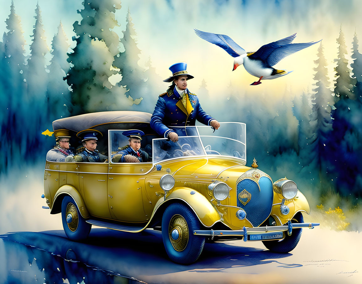 Vladimir Putin driving a blue-yellow goose,