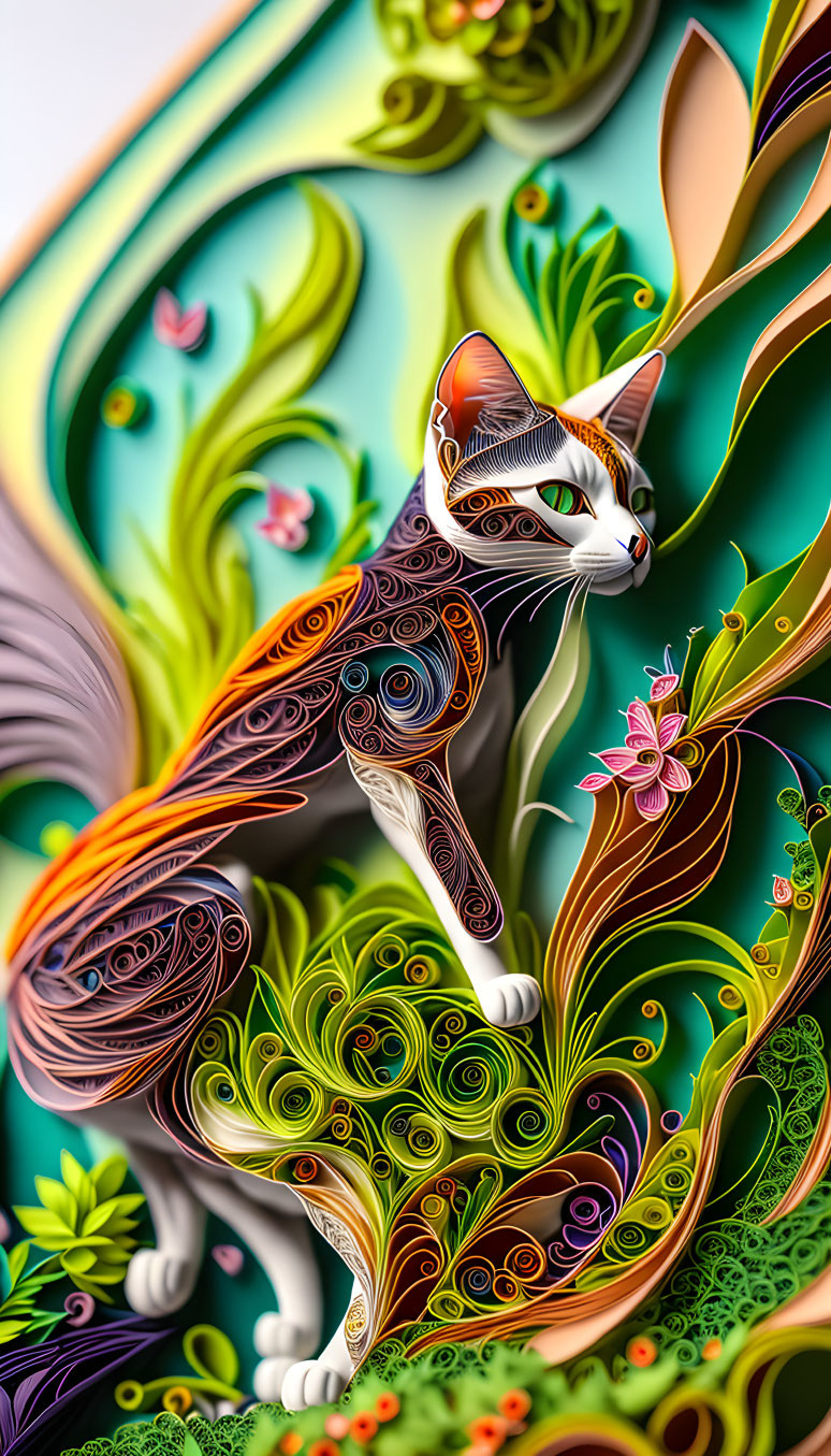 Colorful Stylized Cat Artwork with Floral Patterns on Teal Background