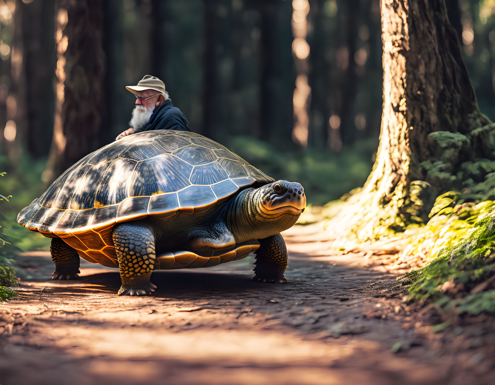 Old man driving a Turtle at the woods