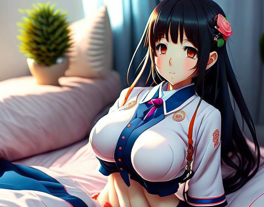 Anime character with large eyes and long black hair in detailed uniform sitting in sunlit room.