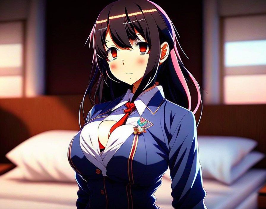 Blushing anime girl in blue school uniform under warm sunlight