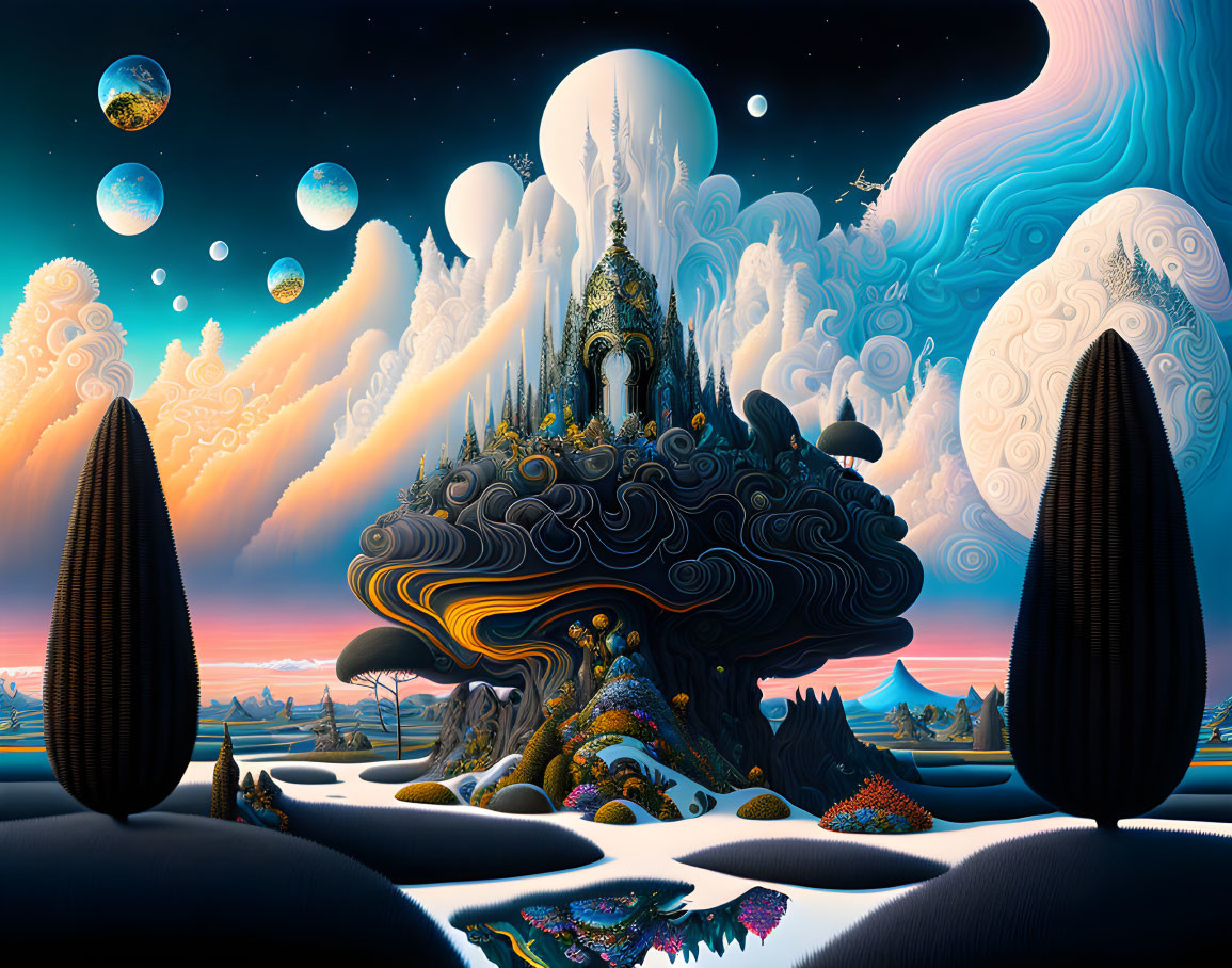 Surreal landscape with temple, swirling hill, orbs, trees, moons, and dramatic sky