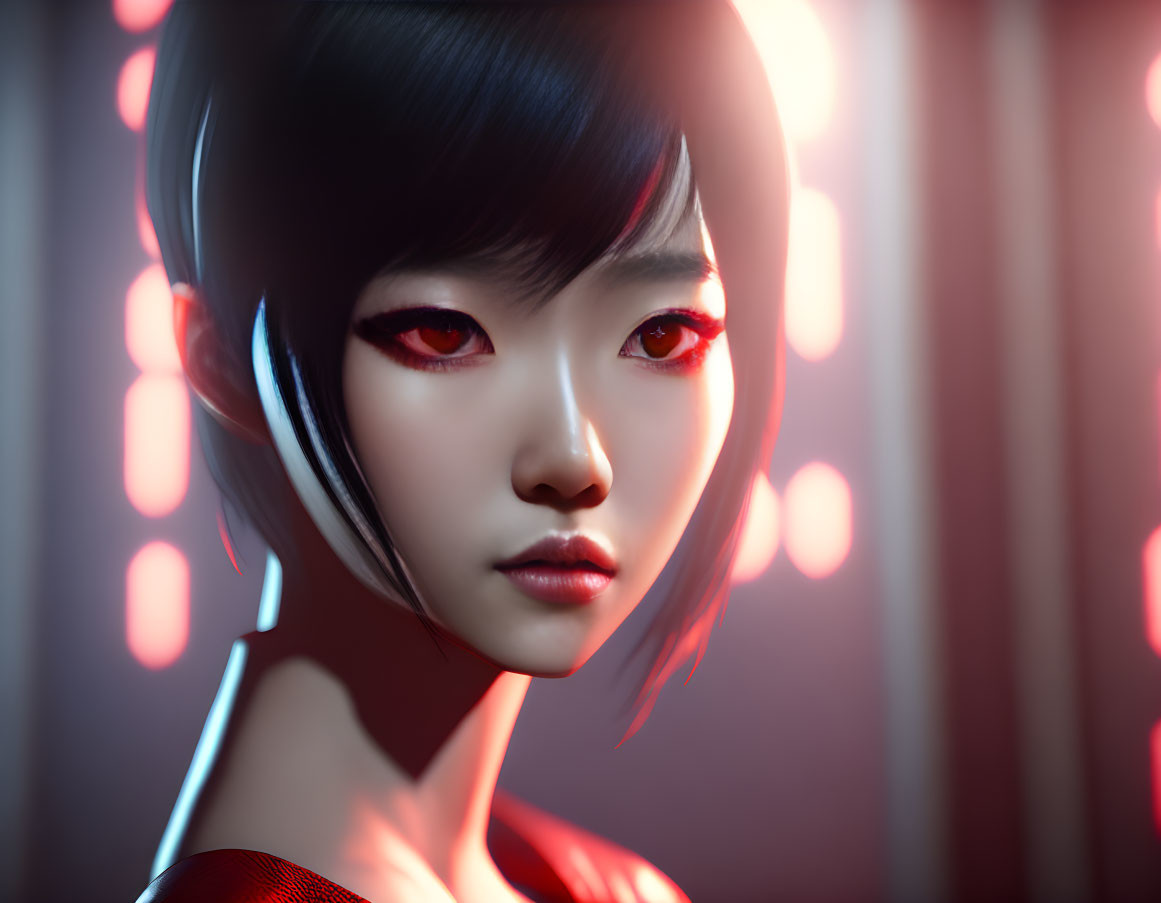 Digital illustration of female character with glowing red eyes, short hair, and red outfit against blurred red lights