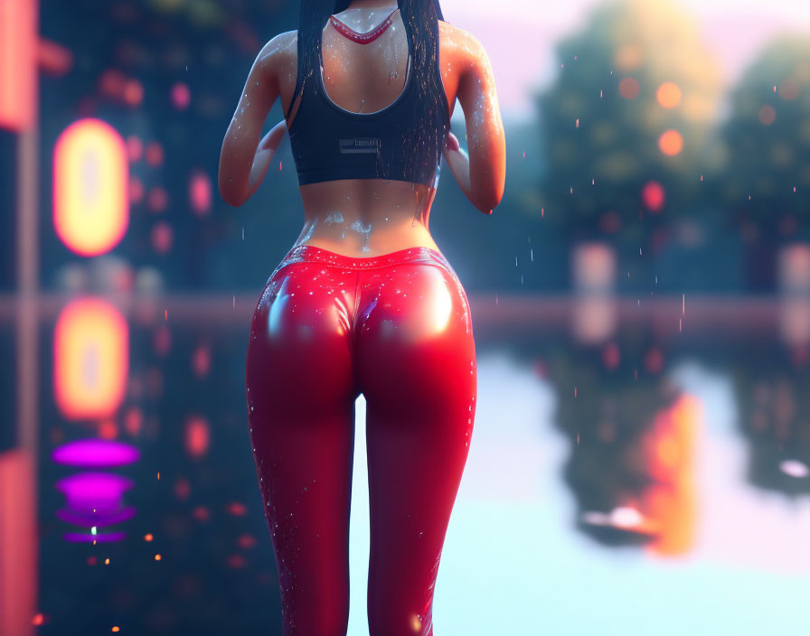 Woman in sportswear outdoors at dusk with raindrops and city lights reflecting.