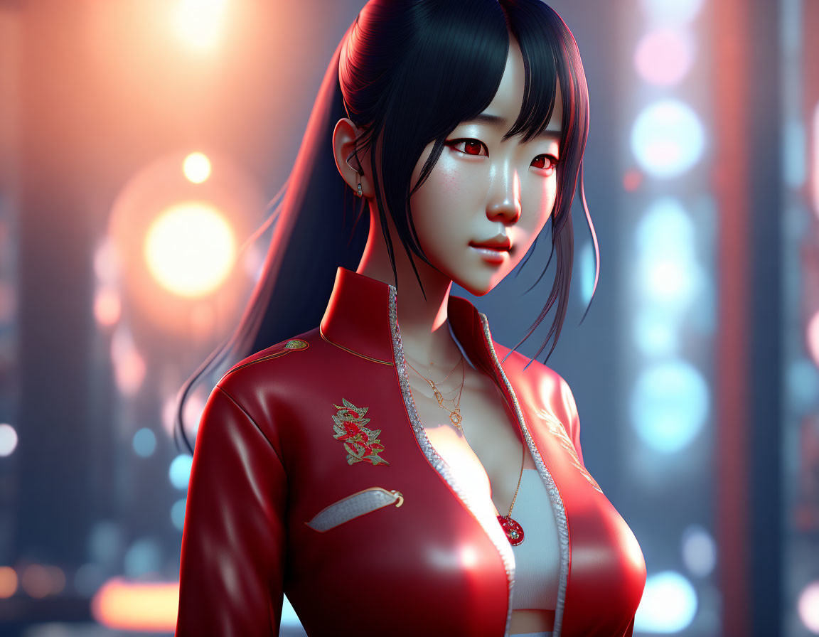 Black-Haired Animated Character in Red Jacket with Gold Dragon in Neon Environment