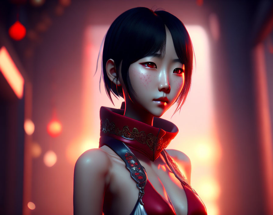 3D-rendered Asian female character with short black hair in red top, dimly lit ambiance