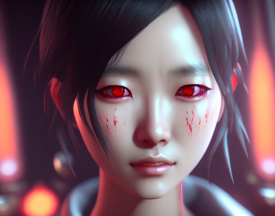 Female character with glowing red eyes and black hair in close-up shot against blurred red background