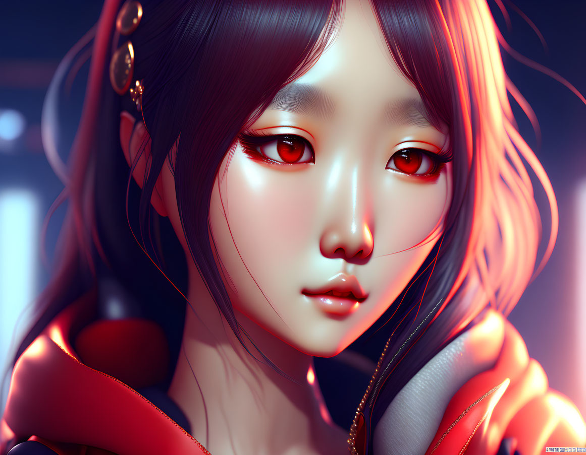Glowing red-eyed female character in red outfit with headphones