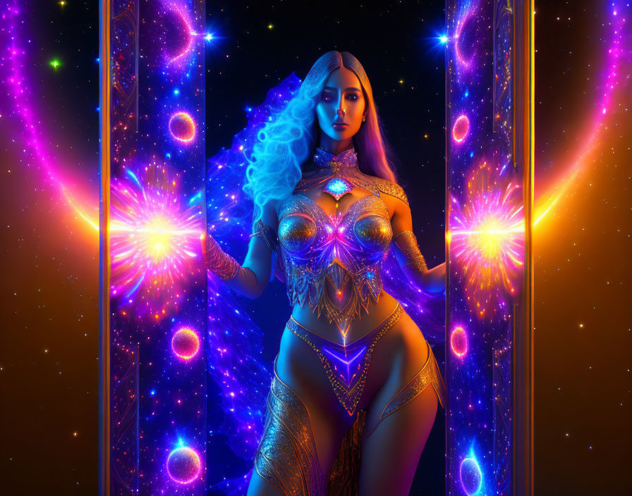 Digital art: Woman with glowing blue hair and armor in cosmic space setting