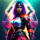 Futuristic female warrior with purple hair and ornate facial marking in sci-fi armor with dual pistols