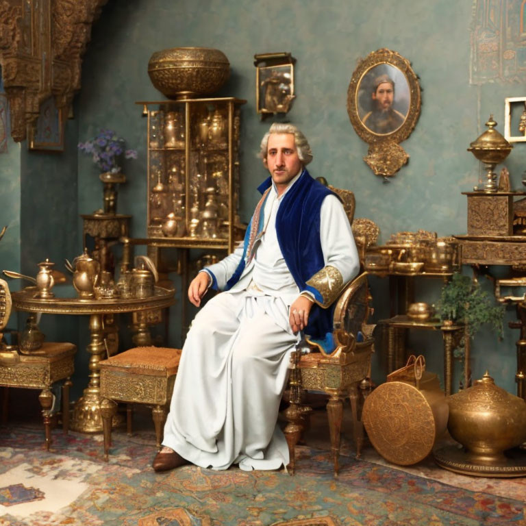 Traditional Middle Eastern Attire Man Posing with Antique Decor in Ornate Room