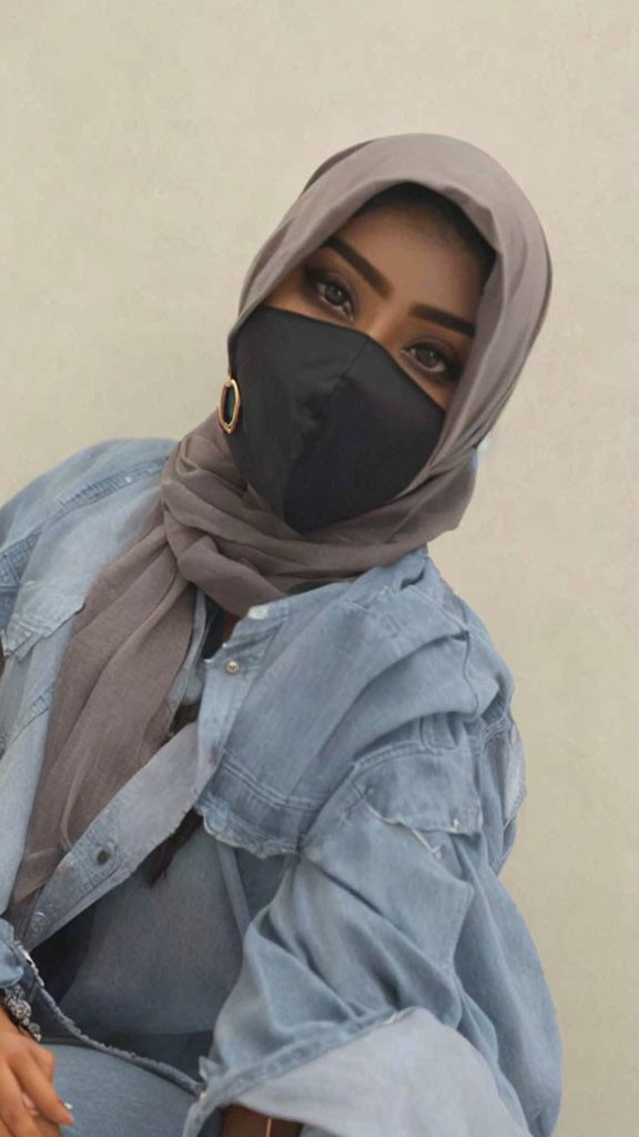 Person in hijab, denim shirt, and black face mask looking at camera