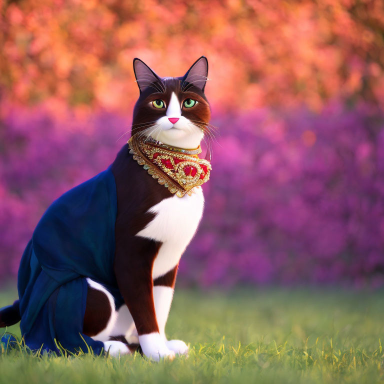 Regal cat with human-like face in blue cloak among purple flowers