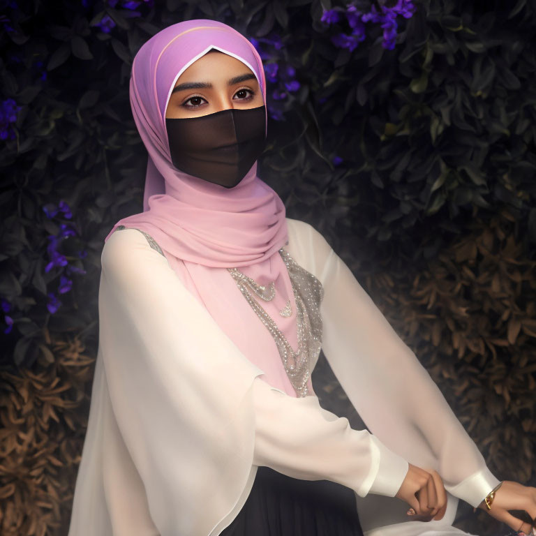 Woman in lilac hijab and face mask among purple flowers, looking contemplative